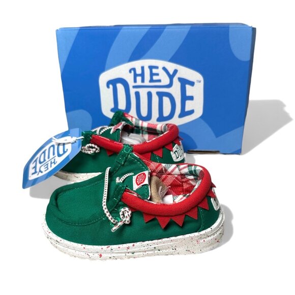 Hey Dude Wally T Holiday Elf Toddler Shoes C8 Green Red Christmas Slip On Lightw - Picture 11 of 15